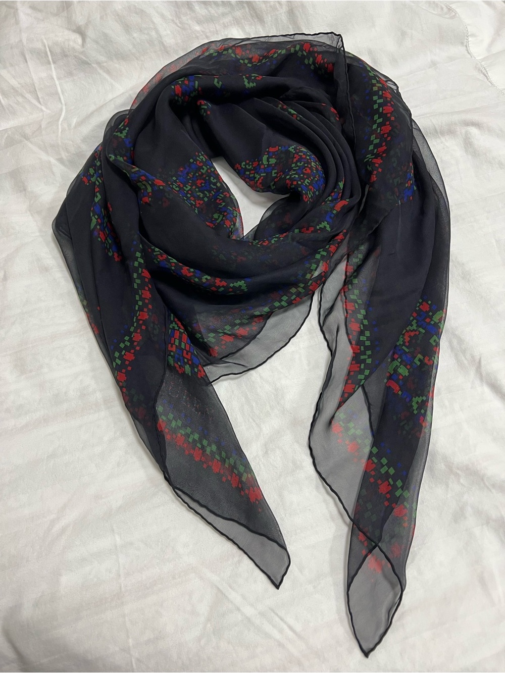 Alexander McQueen Black Sheer Scarf with Red Green and Blue Geometric Trim